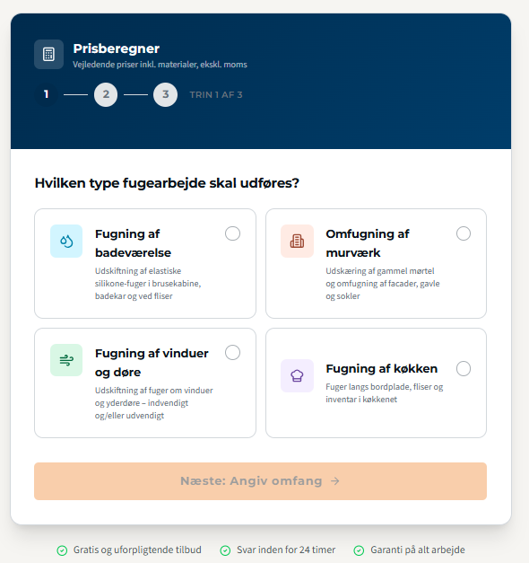Prisberegner – Trin 1: Vælg fugetype